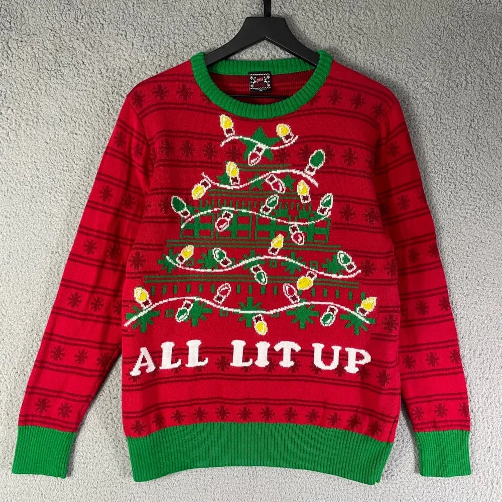 Ugly Christmas Sweater Mens Medium Red Holiday Tree All‎ Lit Up Pullover